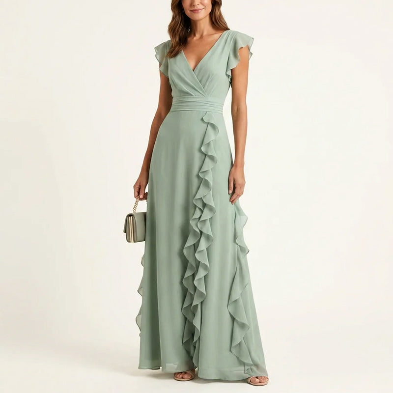 Elegant women's ruffle trim wrap V-neck maxi dress, perfect for summer parties & special occasions.