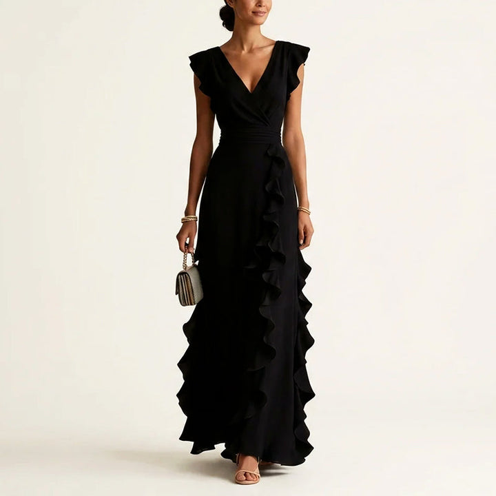 Flowy women's wrap maxi dress with ruffle trim & V-neck, ideal for smart casual wear & warm weather.