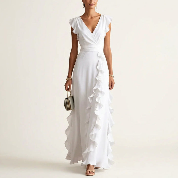 Women's V-neck wrap maxi dress featuring delicate ruffle trim; versatile for various occasions.
