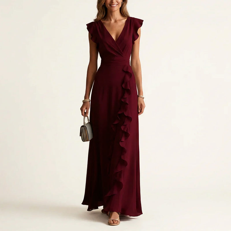 Lightweight women's ruffle wrap V-neck maxi dress, a comfortable & elegant summer fashion staple.