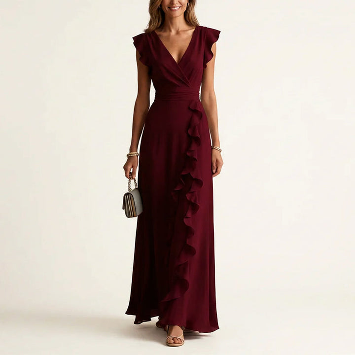 Lightweight women's ruffle wrap V-neck maxi dress, a comfortable & elegant summer fashion staple.