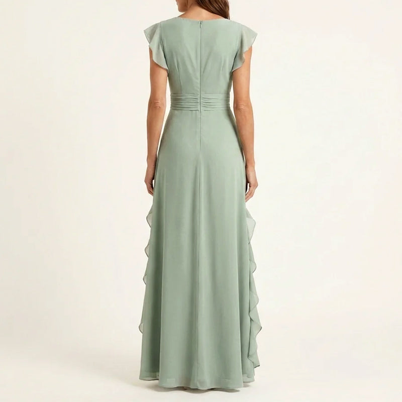 Beautiful women's ruffle trim wrap V-neck maxi dress, offering a sophisticated and feminine look.