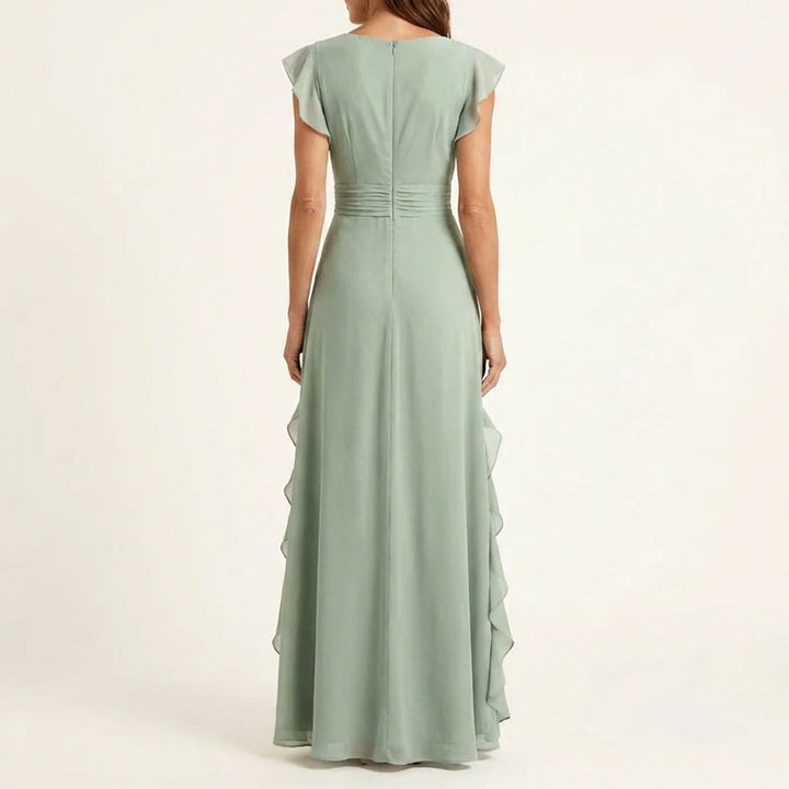 Beautiful women's ruffle trim wrap V-neck maxi dress, offering a sophisticated and feminine look.