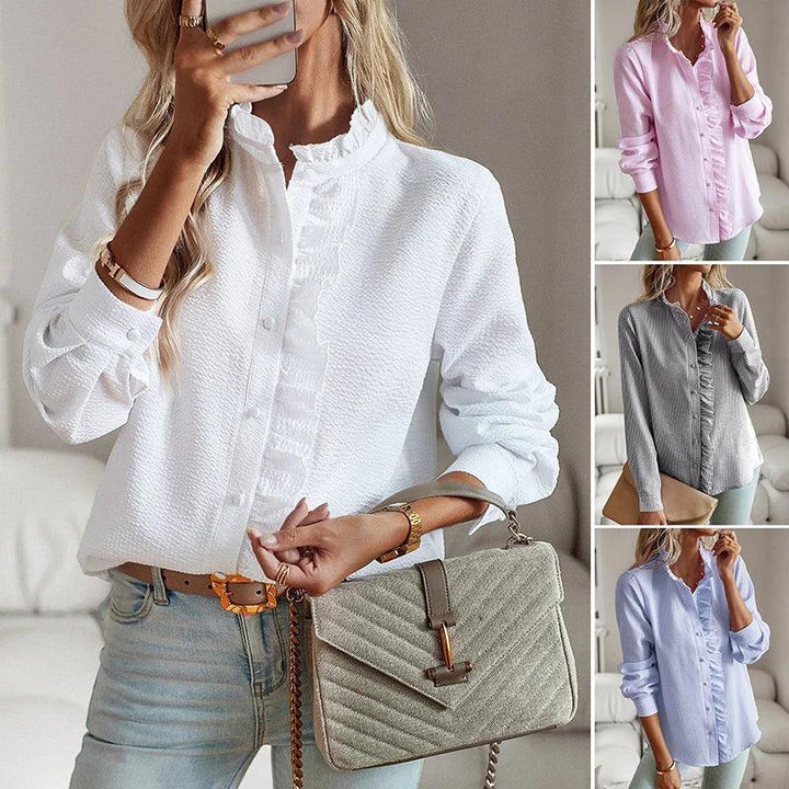 Effortless style with this elegant ruffled long-sleeve blouse for women, a versatile and chic shirt.