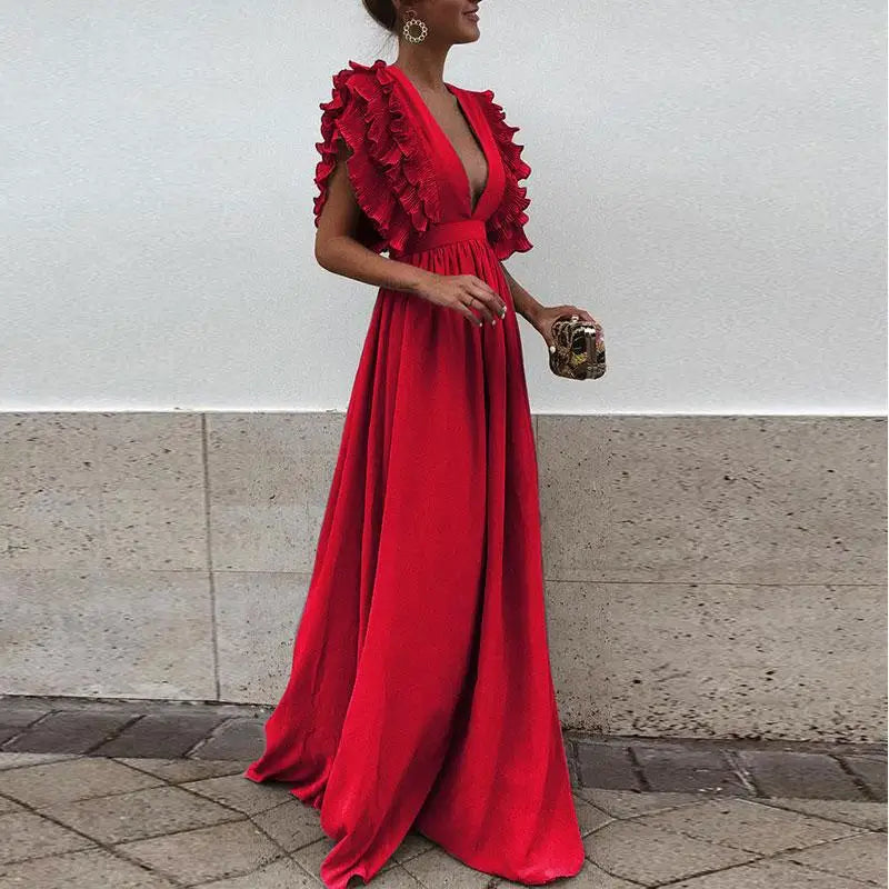 Feminine ruffled maxi dress for women, offering an elegant silhouette for spring, autumn, or winter events.