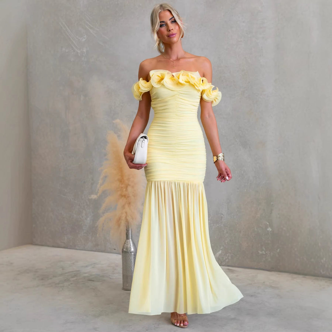 Elegant women's ruffled off-shoulder maxi dress, perfect for wedding guests & formal evening wear.
