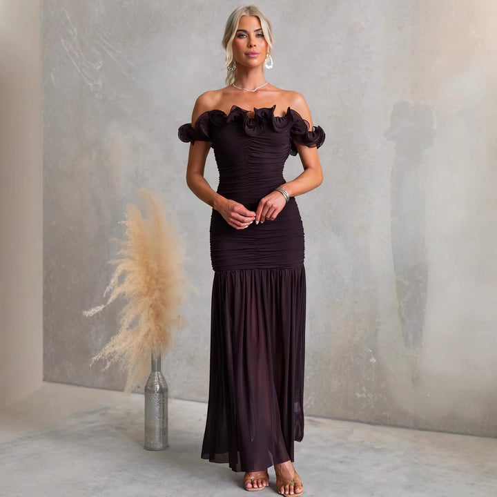 Stylish women's long off-shoulder dress with ruffles, a beautiful choice for formal parties & events.