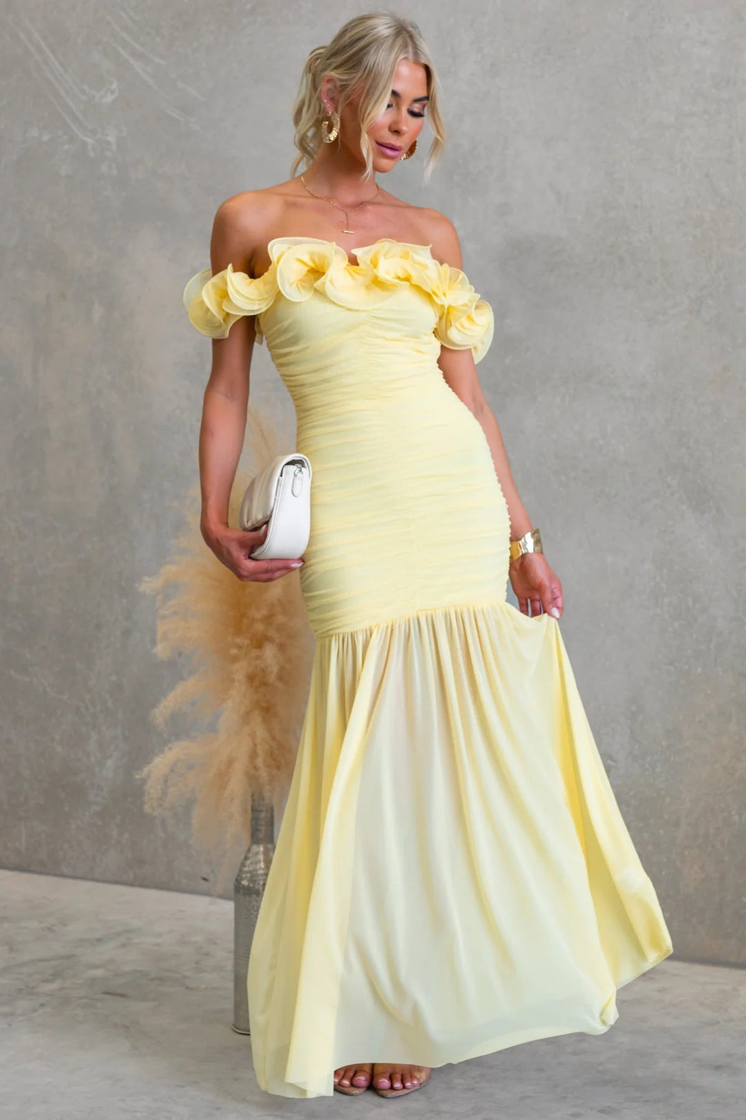 Chic women's off-shoulder ruffled evening dress, a graceful long formal gown for weddings & parties.