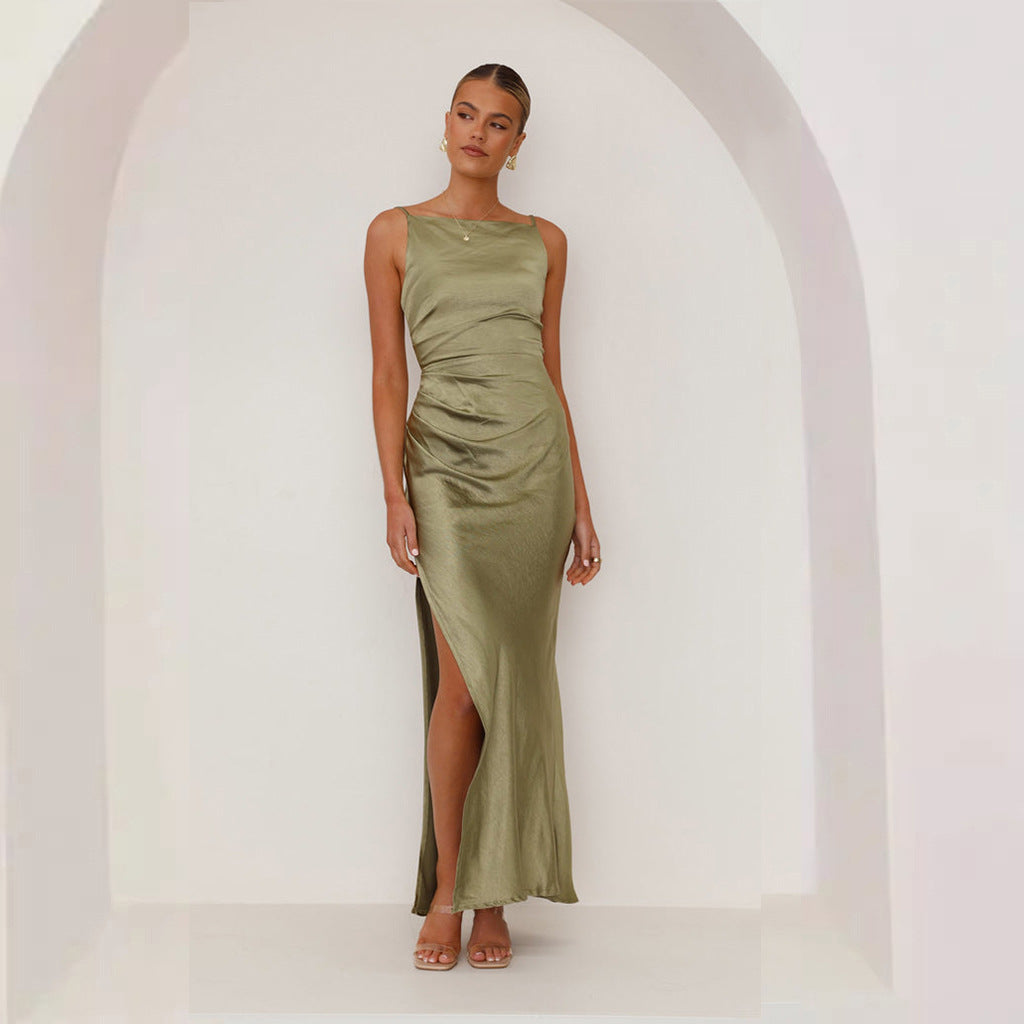 Sophisticated long pink satin ruched maxi dress with a sexy split, ideal for parties & special occasions.