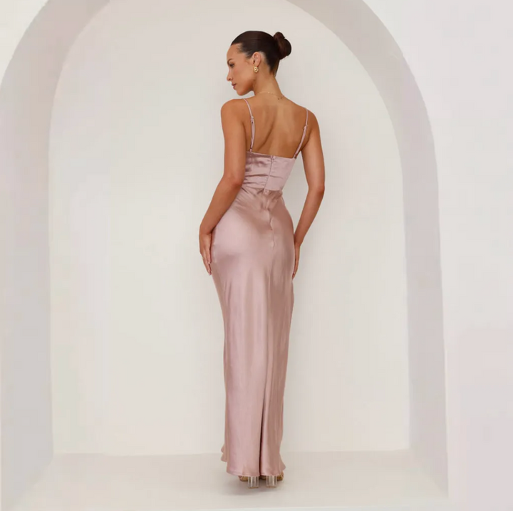Stunning women's long dress, satin-effect fabric, ruched bodice, & elegant thigh-high split.
