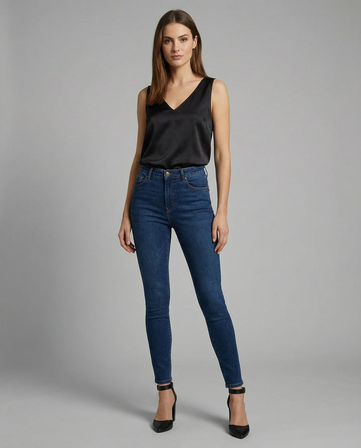 Stylish women's V-neck camisole top, featuring wide straps and a luxurious satin finish for versatile fashion.