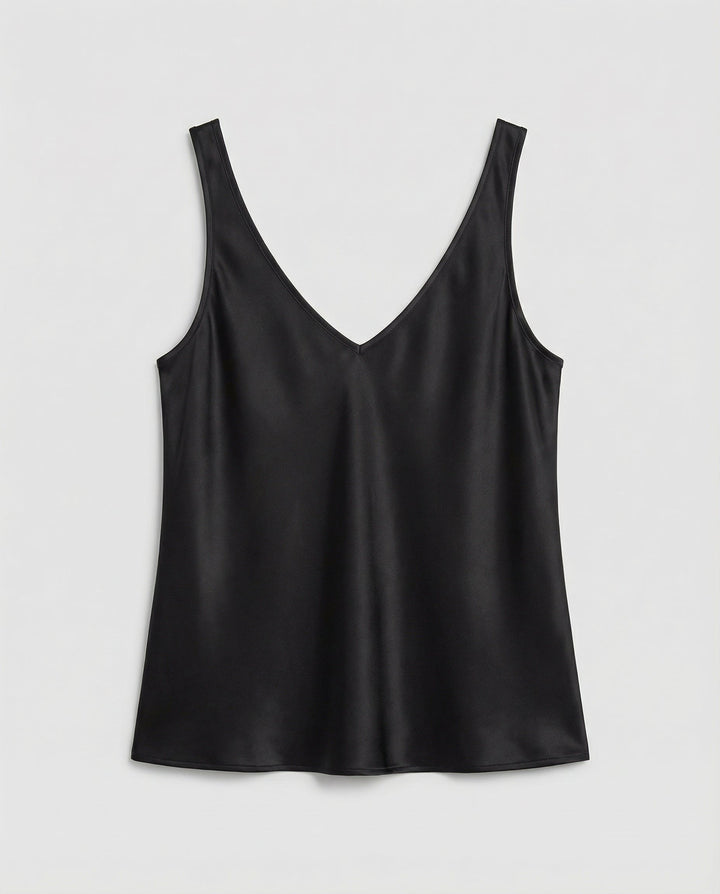 Versatile women's satin V-neck camisole top with wide straps, ideal for dressing up or down, day to night.