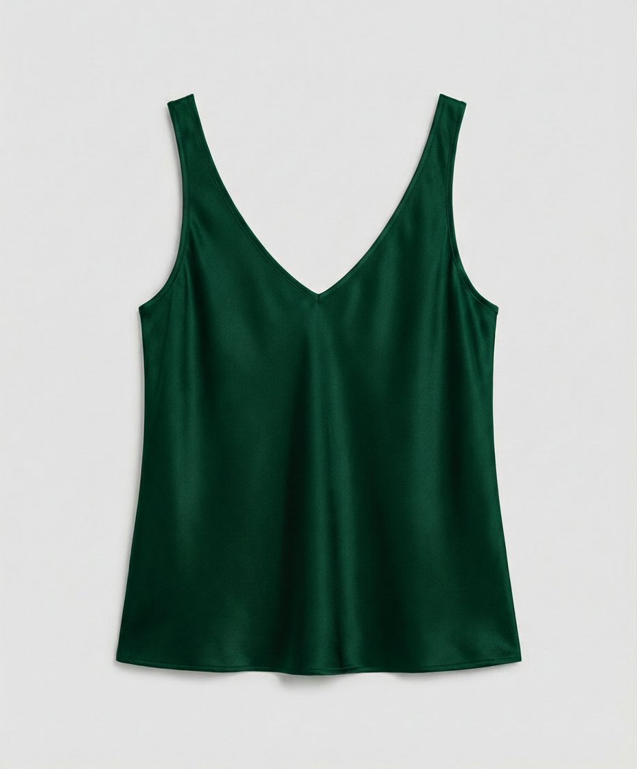 Chic sleeveless V-neck camisole top for women, designed with elegant wide straps and a smooth satin texture.