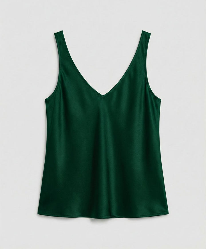 Chic sleeveless V-neck camisole top for women, designed with elegant wide straps and a smooth satin texture.