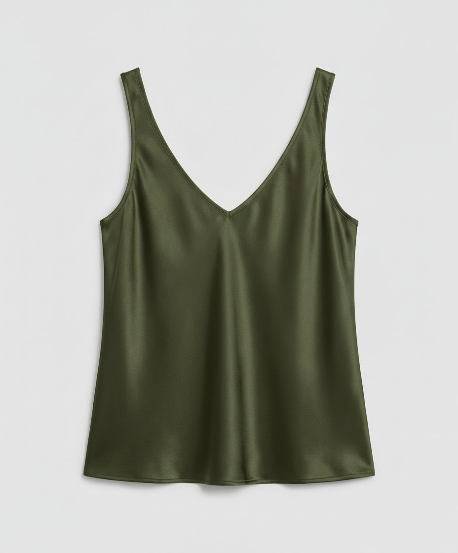 Luxurious satin wide-strap V-neck camisole top for women, offering an elegant and comfortable sleeveless style.