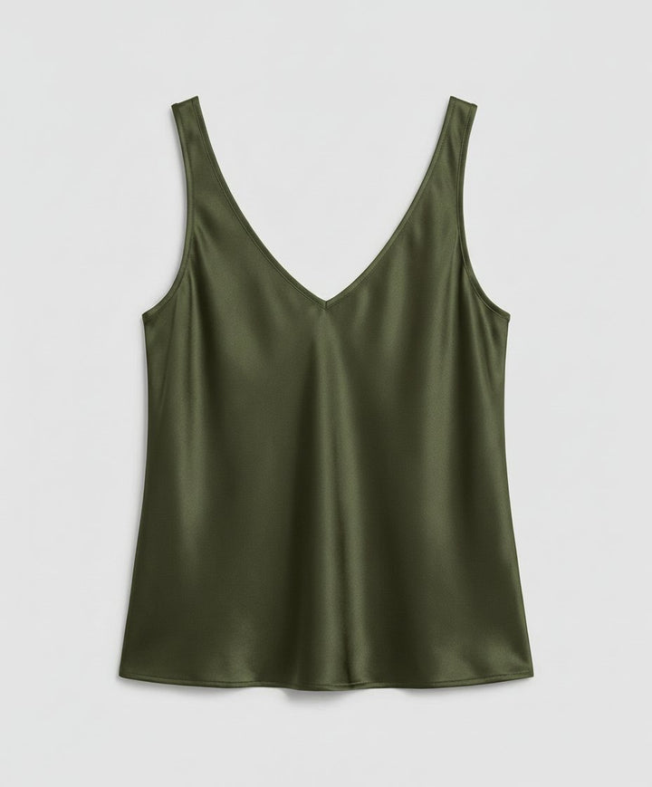 Luxurious satin wide-strap V-neck camisole top for women, offering an elegant and comfortable sleeveless style.
