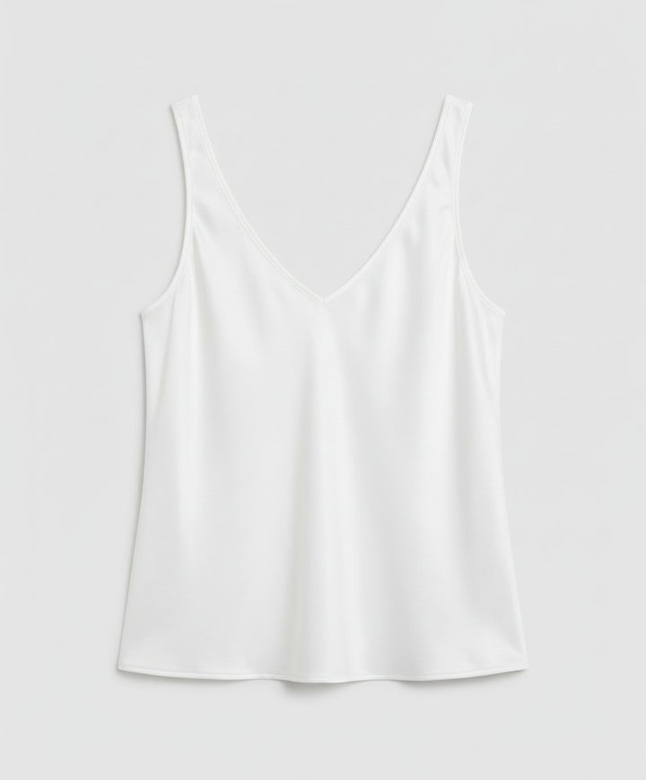 Smooth satin wide-strap V-neck camisole top, an elegant and comfortable women's sleeveless top for any occasion.