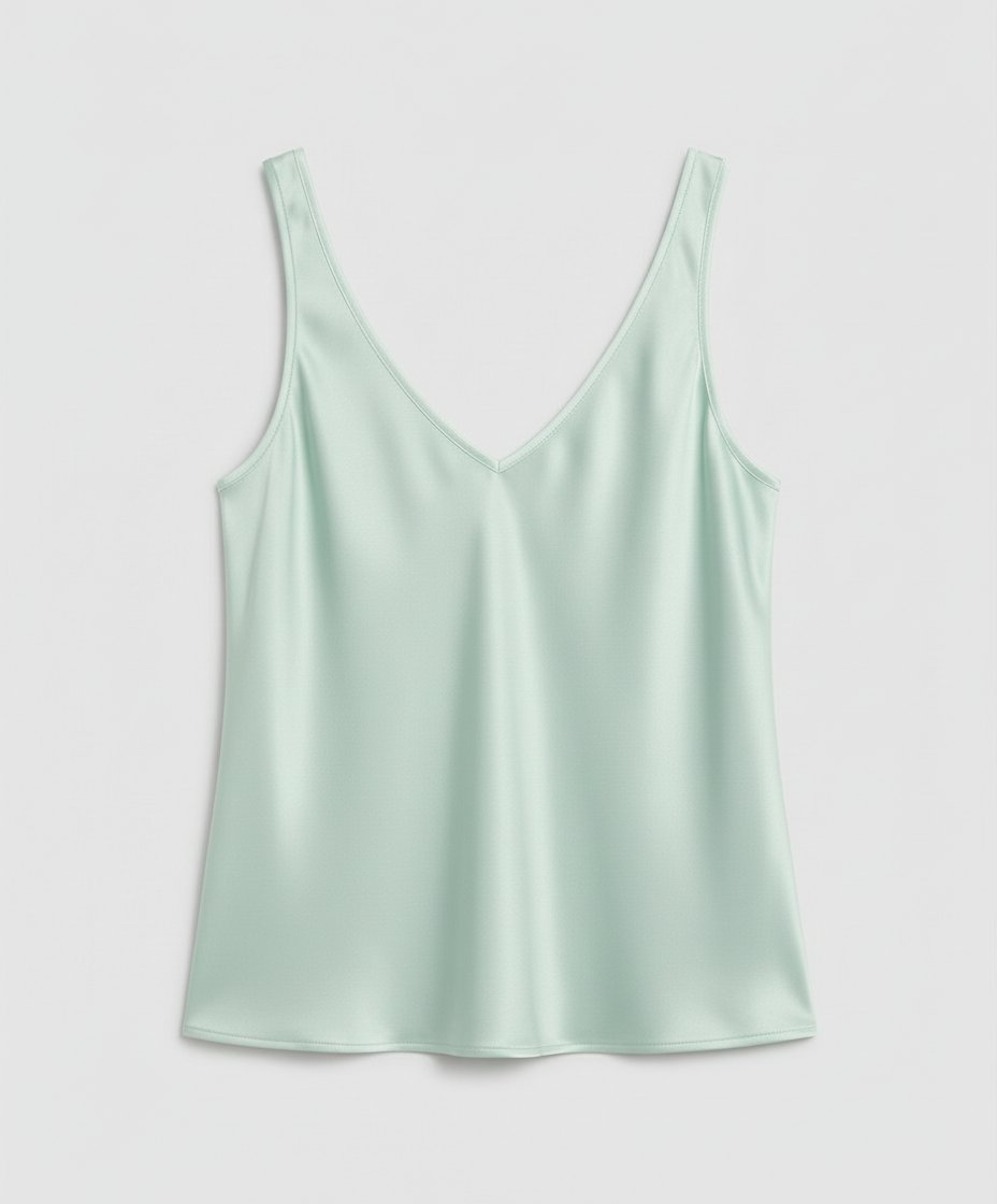 Sophisticated women's V-neck cami top in satin with wide straps. Perfect for elegant day to night fashion.