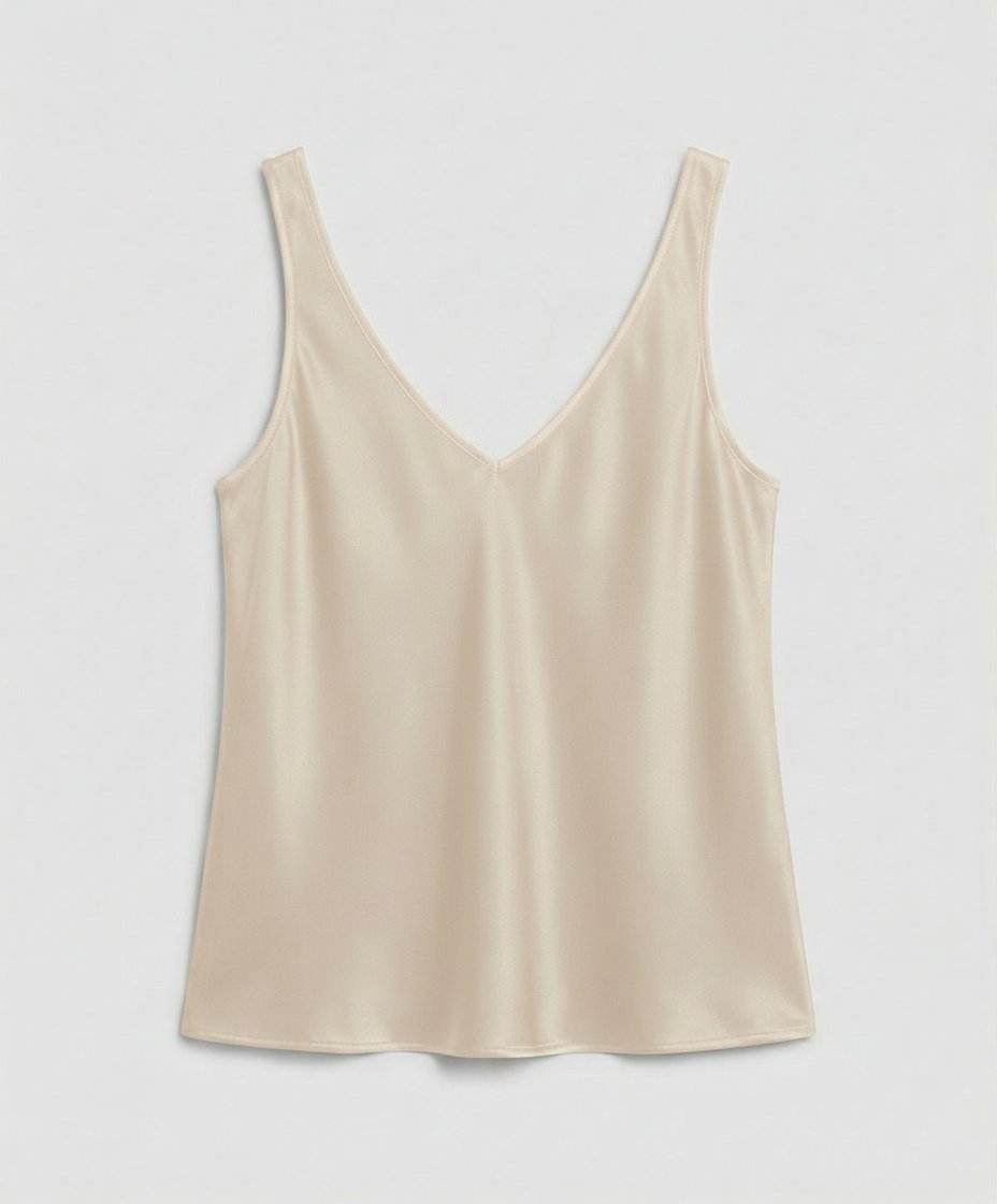 Close-up of a women's satin V-neck camisole top, highlighting the elegant wide straps and silky fabric texture.
