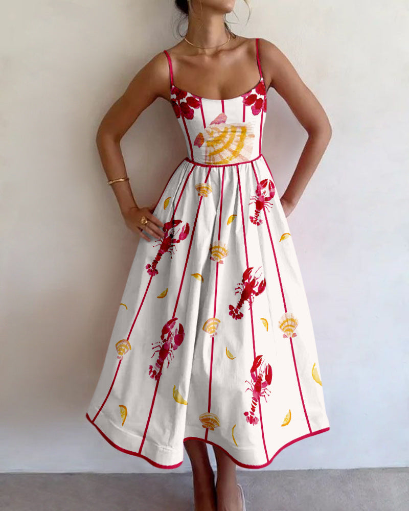 Elegant women's Seaside Charm flowing midi dress with a unique print, perfect for summer beach vacations & parties.