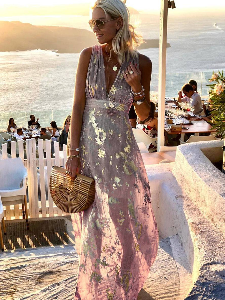 Close-up of the shimmering sequins on an elegant women's maxi dress, perfect for formal evening wear.