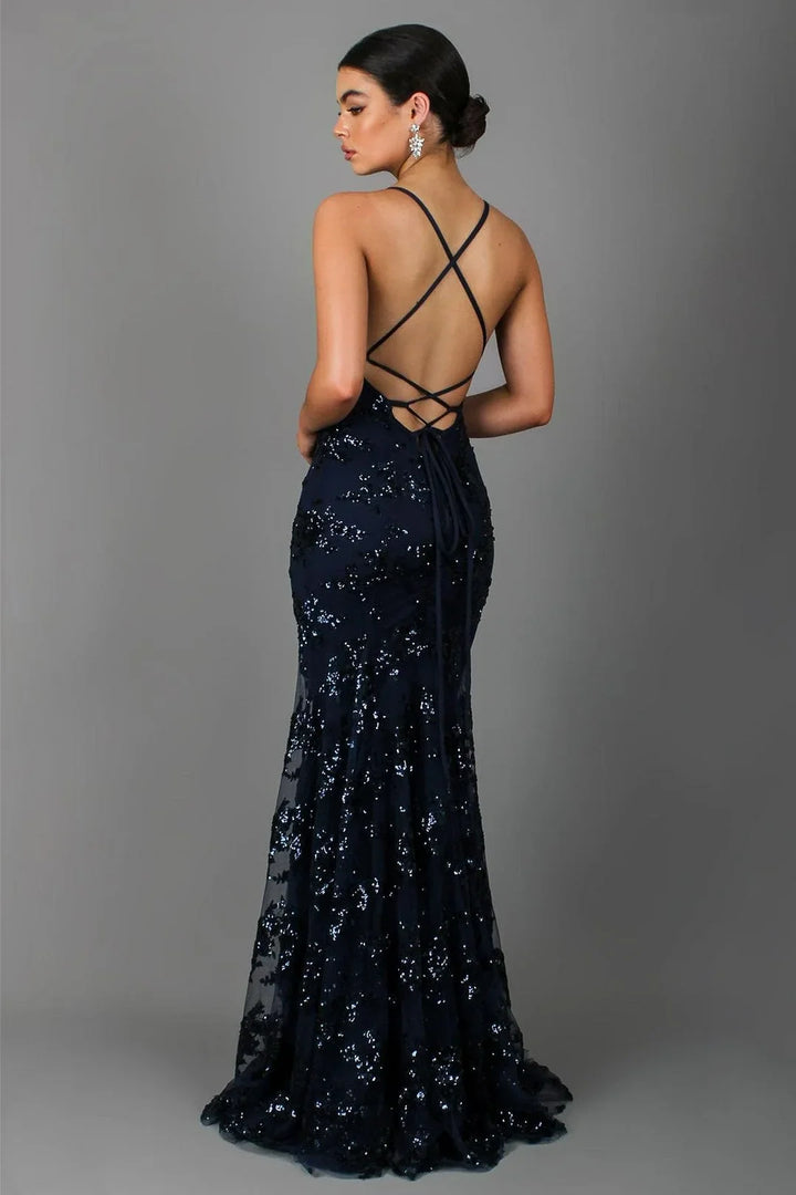 Glamorous women's sequin V-neck maxi dress with a sophisticated backless design for special occasions & parties.