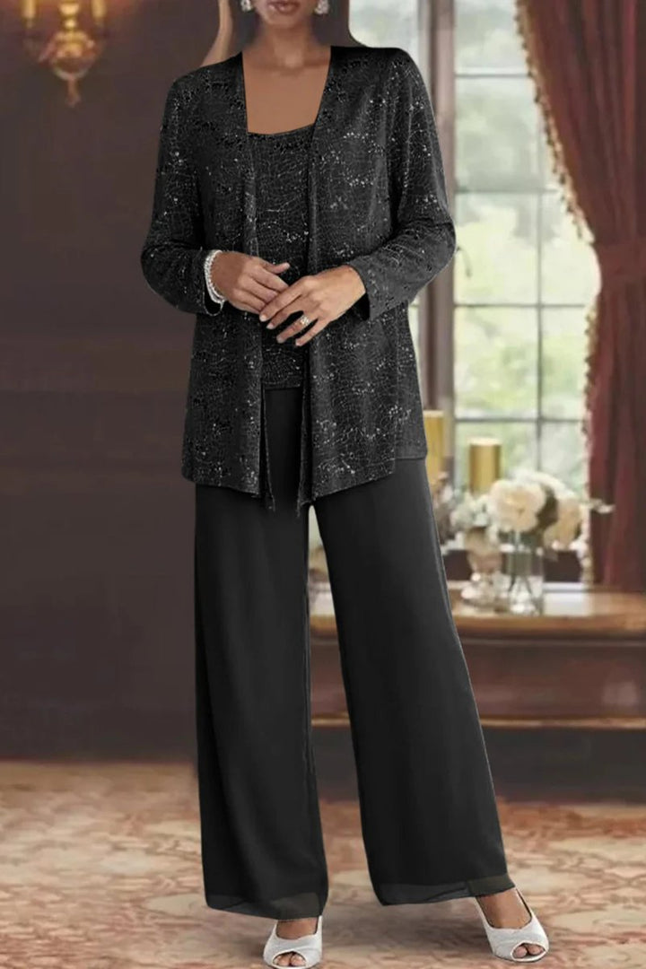 Modern style women's sequined wide-leg three-piece formal set for contemporary evening events.