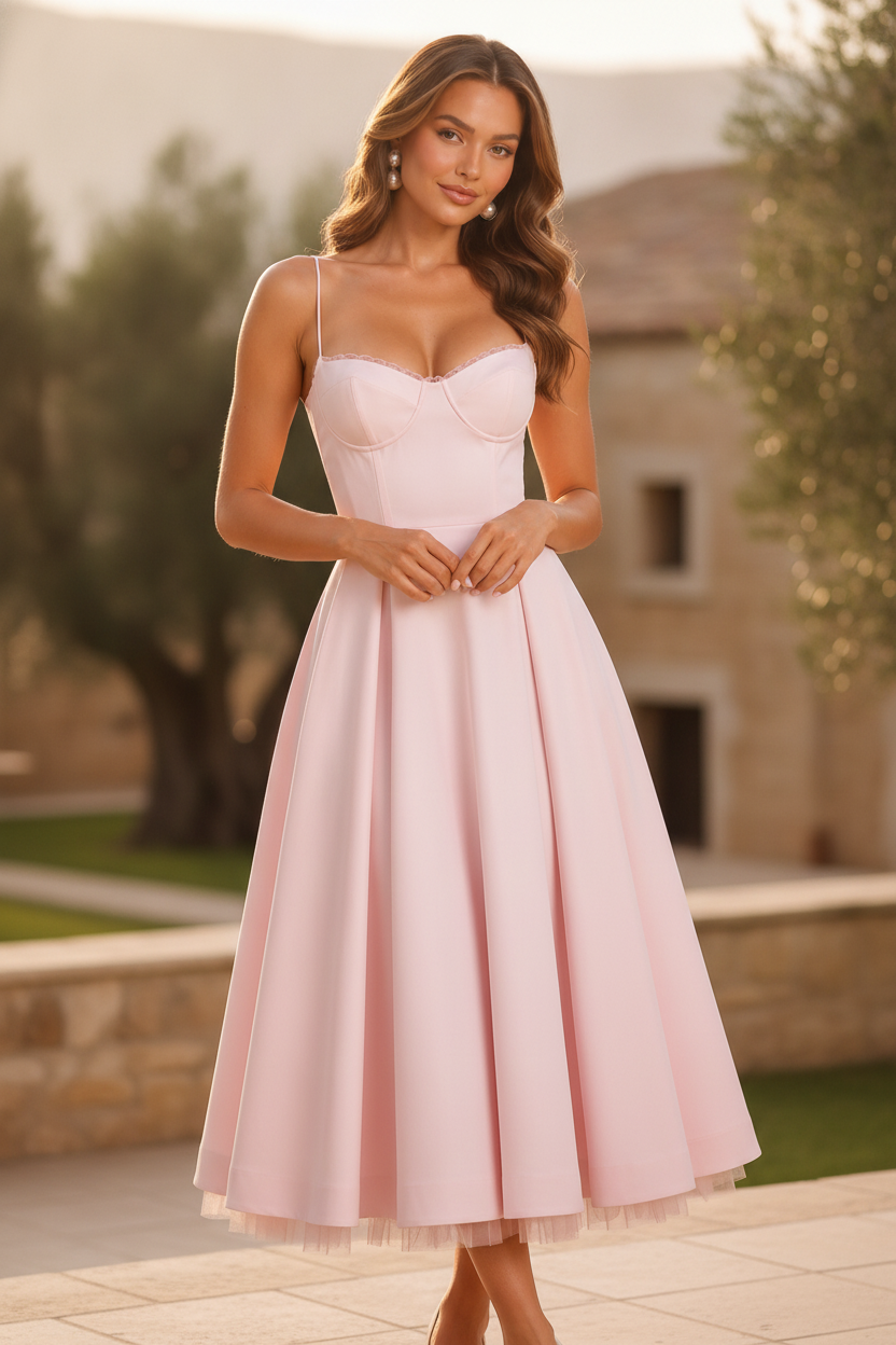 Elegant Women's Seraphina midi wedding guest dress with corset bodice & spaghetti straps. Perfect for formal events.