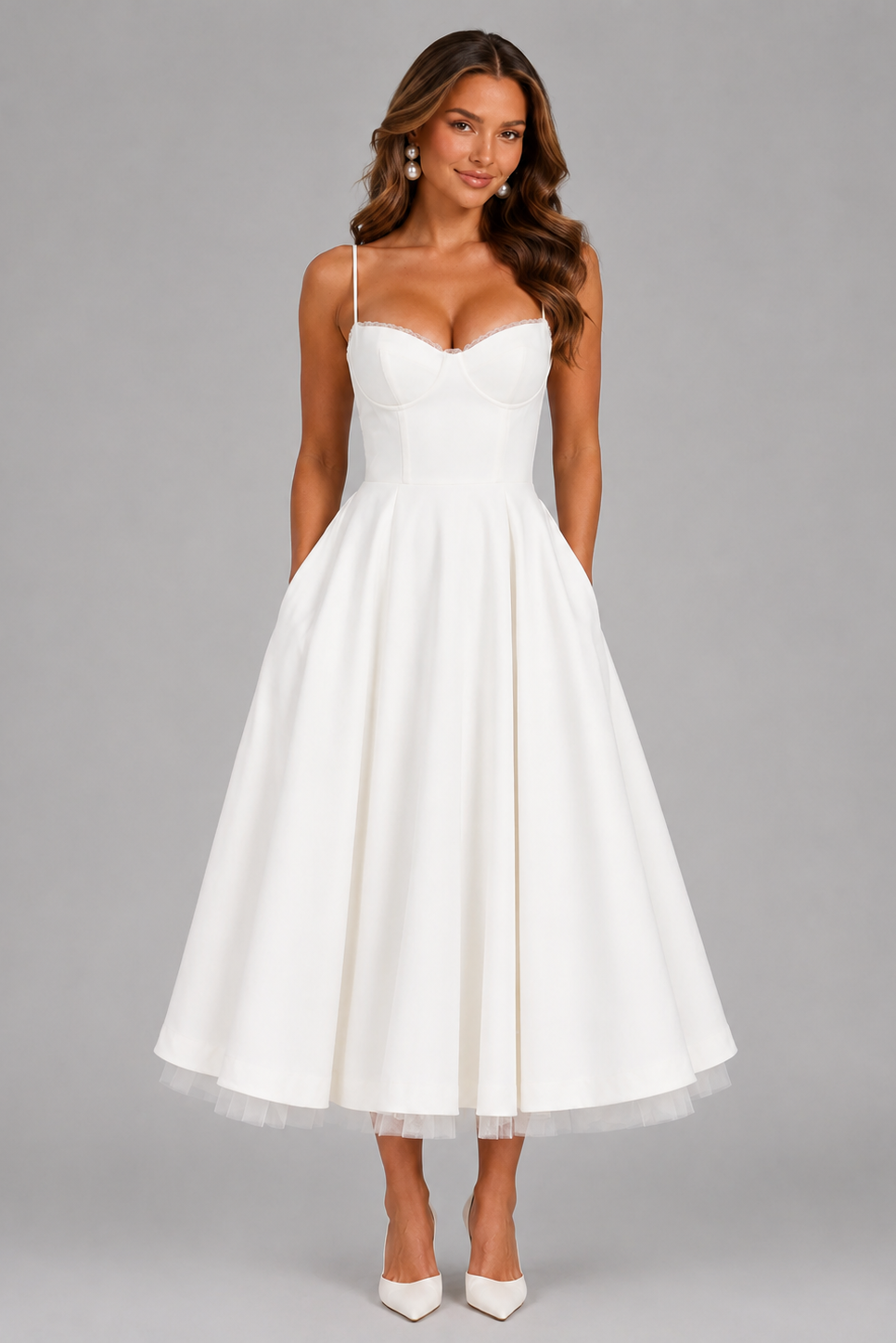 Summer-ready women's Seraphina corset midi dress with spaghetti straps & a beautiful sweetheart neckline.