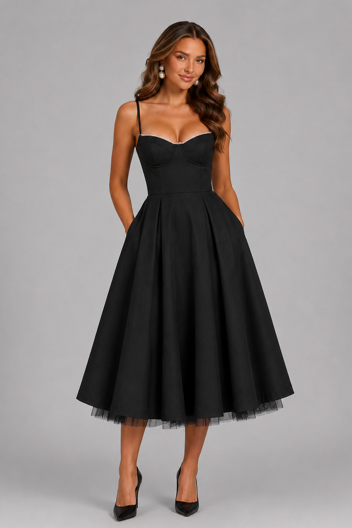 Women's Seraphina elegant midi dress, featuring a corset and spaghetti straps. Perfect for any formal party.