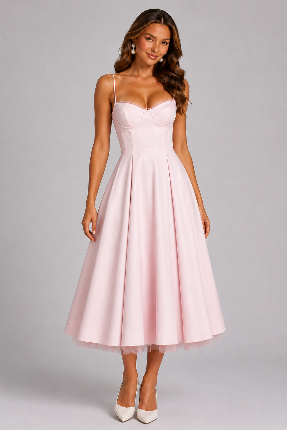 Seraphina spaghetti strap midi dress for women, ideal as a wedding guest or formal occasionwear.