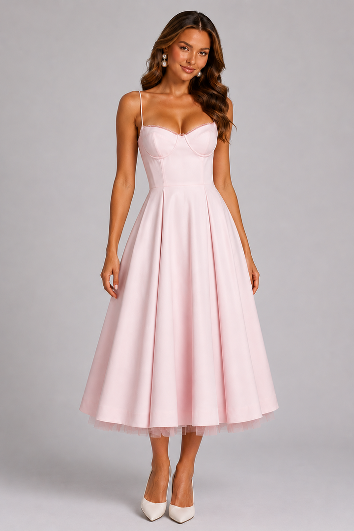 Seraphina spaghetti strap midi dress for women, ideal as a wedding guest or formal occasionwear.