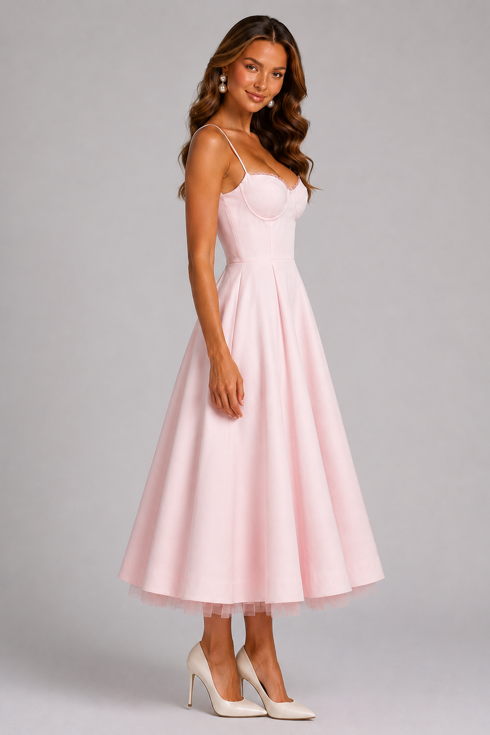 Sophisticated Seraphina formal dress for women, featuring a flattering corset & midi length. Wedding ready.