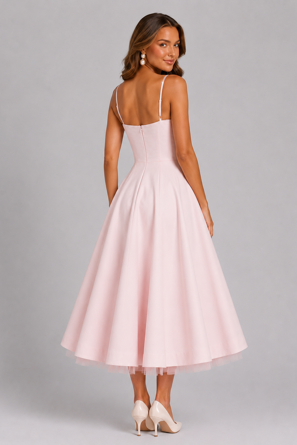 Seraphina wedding guest midi dress for women, designed with a trendy corset and delicate spaghetti straps.