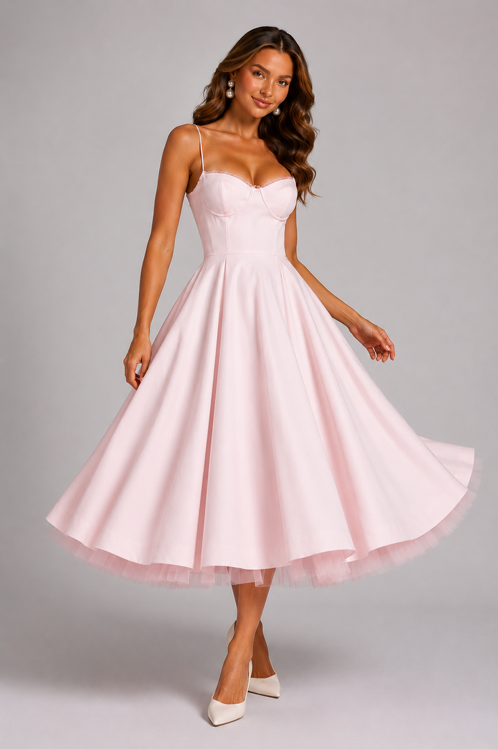 Flattering women's corset midi dress with spaghetti straps & sweetheart neckline. Ideal for summer parties.