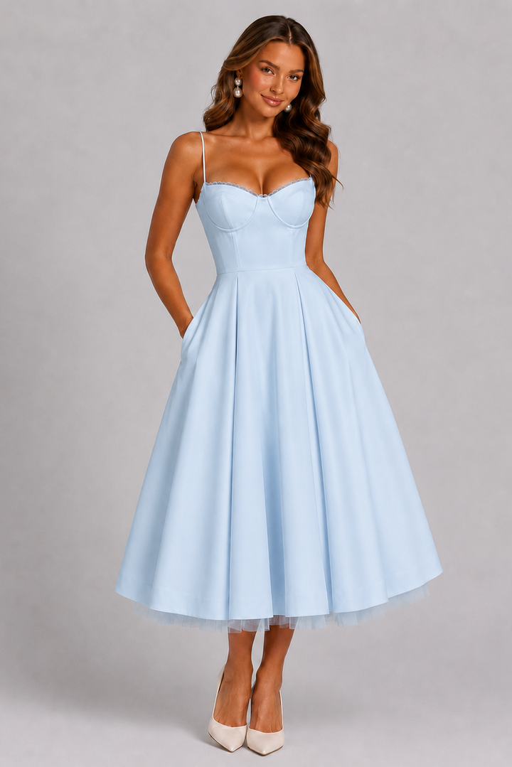 Graceful Seraphina formal dress, a midi length with a corset bodice & elegant spaghetti straps. Occasion ready.