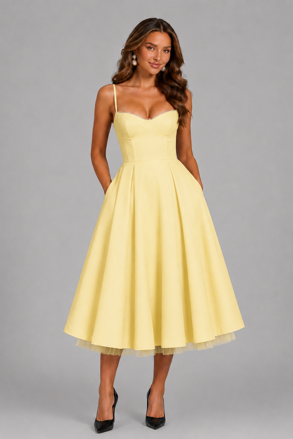 Stylish women's Seraphina midi dress, a perfect wedding guest outfit with corset and spaghetti straps.
