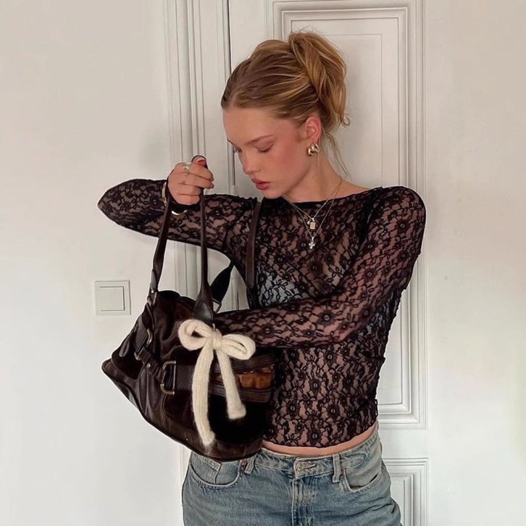 Chic sheer long sleeve top for women. An elegant and versatile layering piece for evening outfits & date nights.