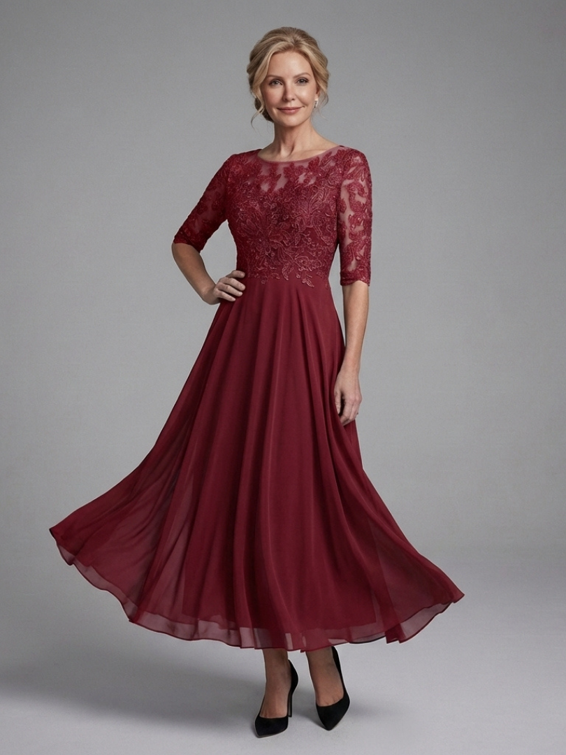 Pull-on elegant women's midi dress with sheer sleeves and sophisticated designed top for comfort.