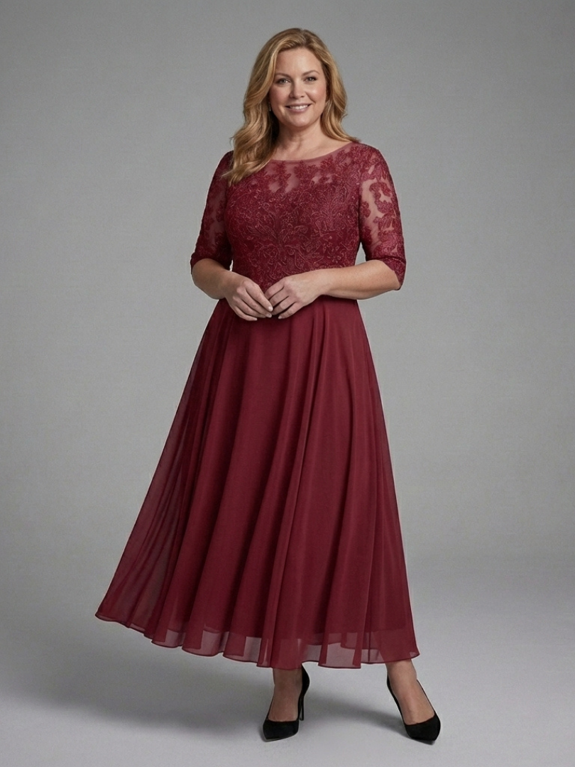 Women's formal sheer sleeve midi dress, elegant & flattering for evening wear and special occasions.