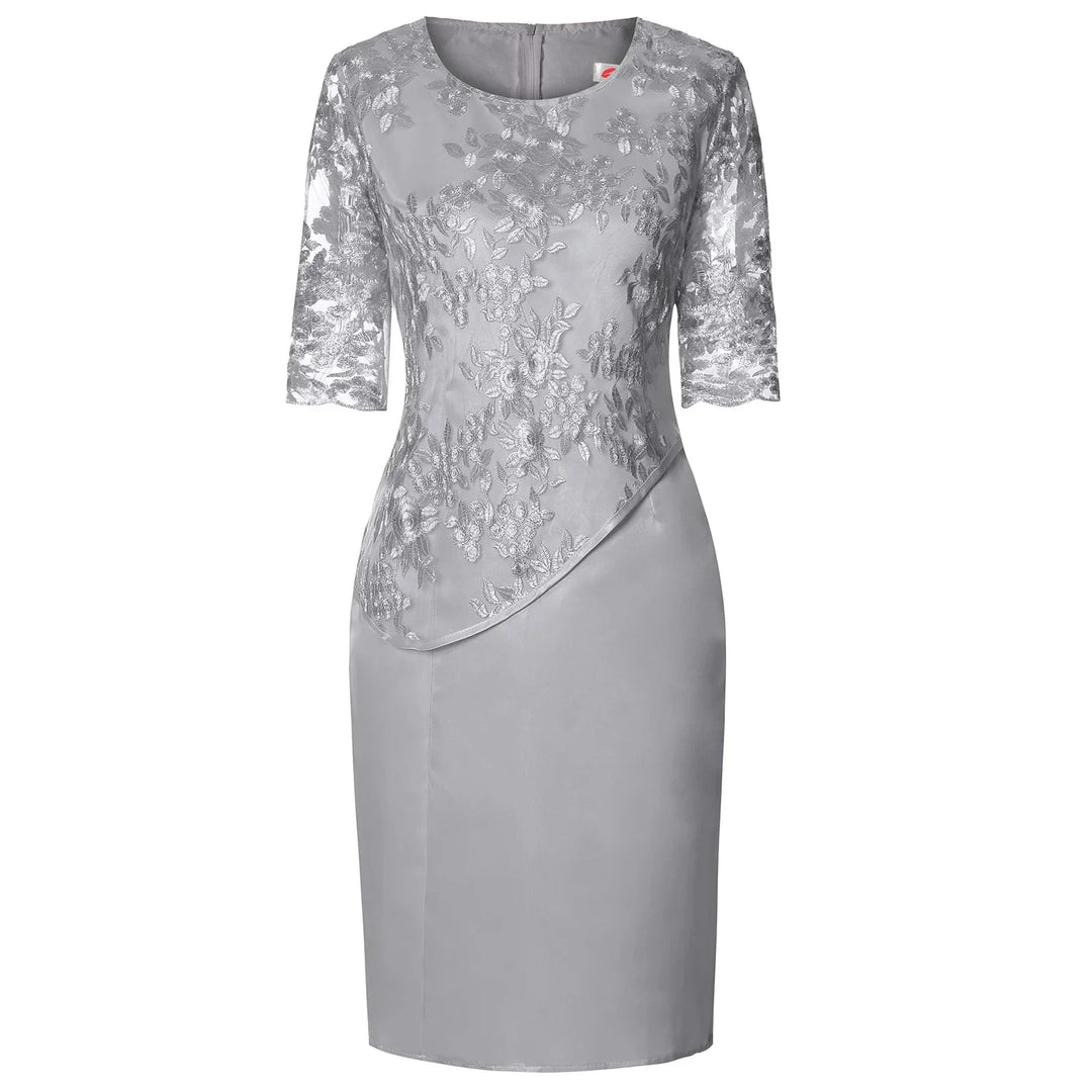 Comfortable grey women's short sleeve midi dress, elegant & versatile for formal events, casual outings, or parties.