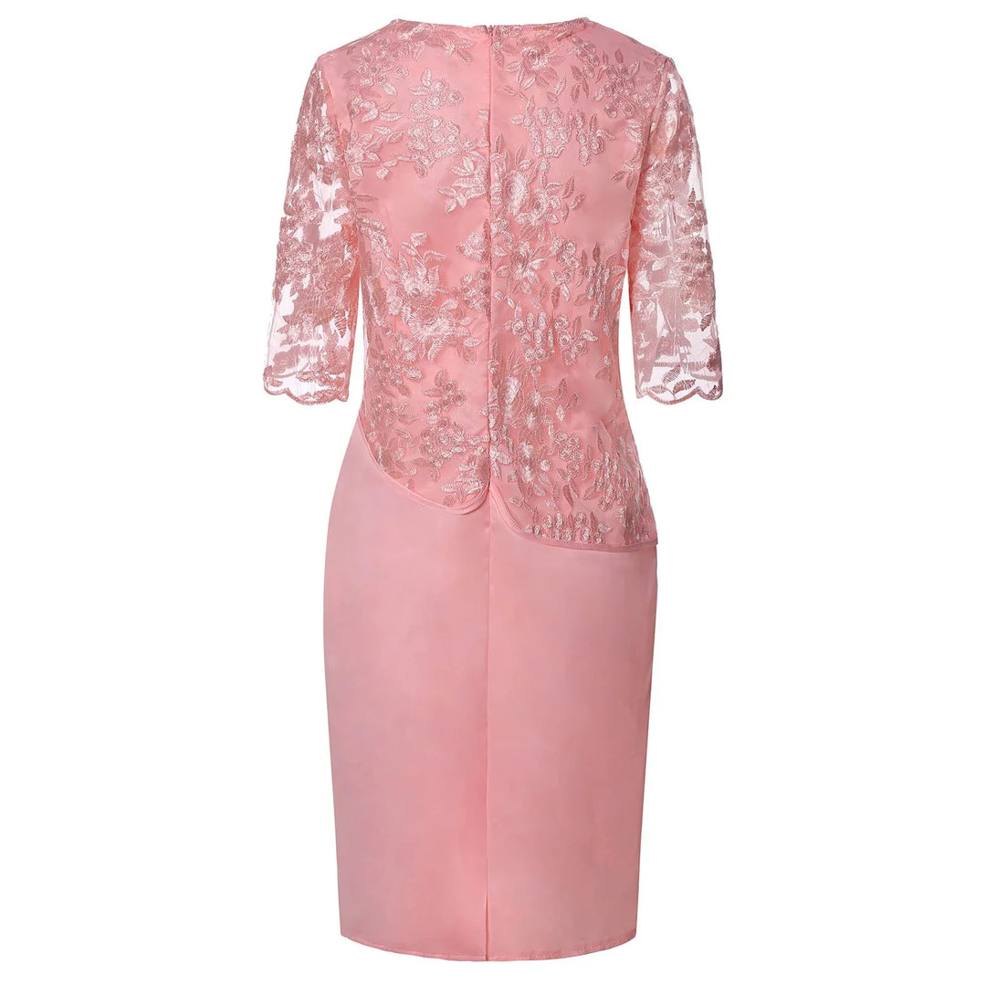 Stylish women's midi dress with short sleeves & elegant faux-wrap. Versatile for formal, casual, or party wear.