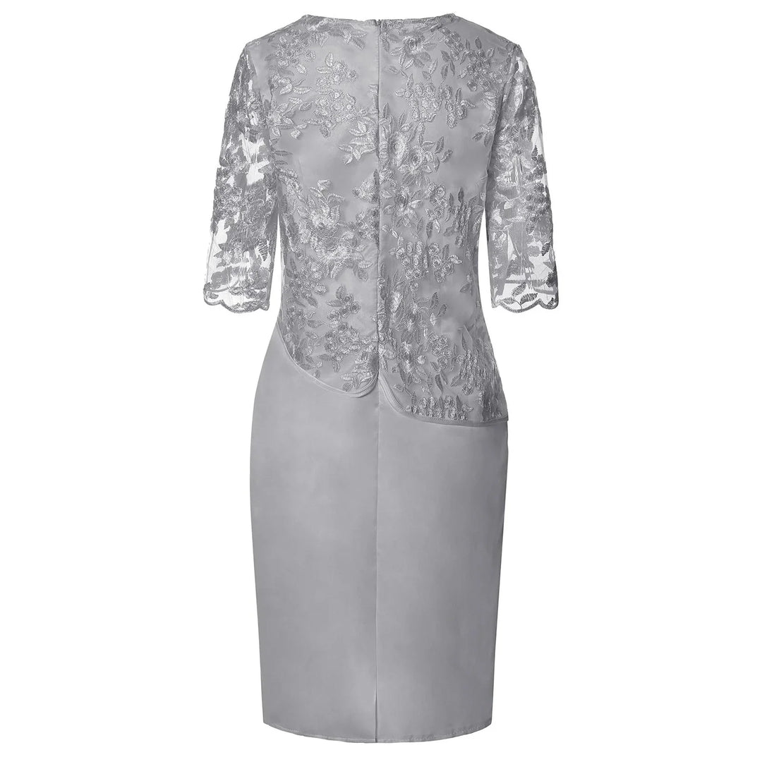 Chic women's short sleeve midi dress, elegant faux-wrap style. A versatile, comfortable dress for any occasion.