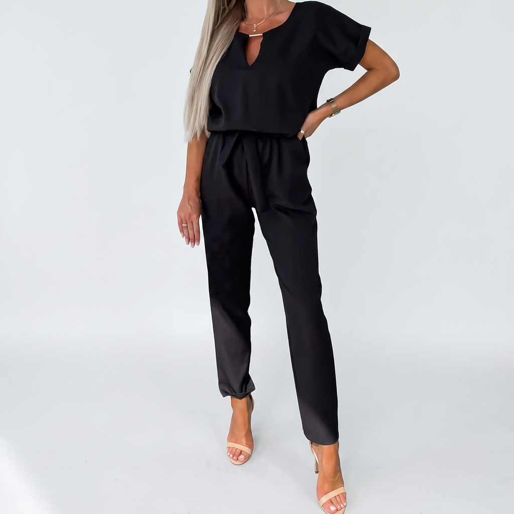 Versatile women's keyhole neck jumpsuit, short sleeves & tapered leg, ideal for dressy casual or chic comfort.