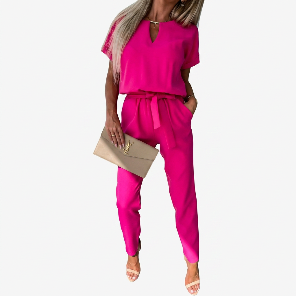Modern women's short-sleeve jumpsuit with stylish keyhole neck and comfortable tapered leg design.