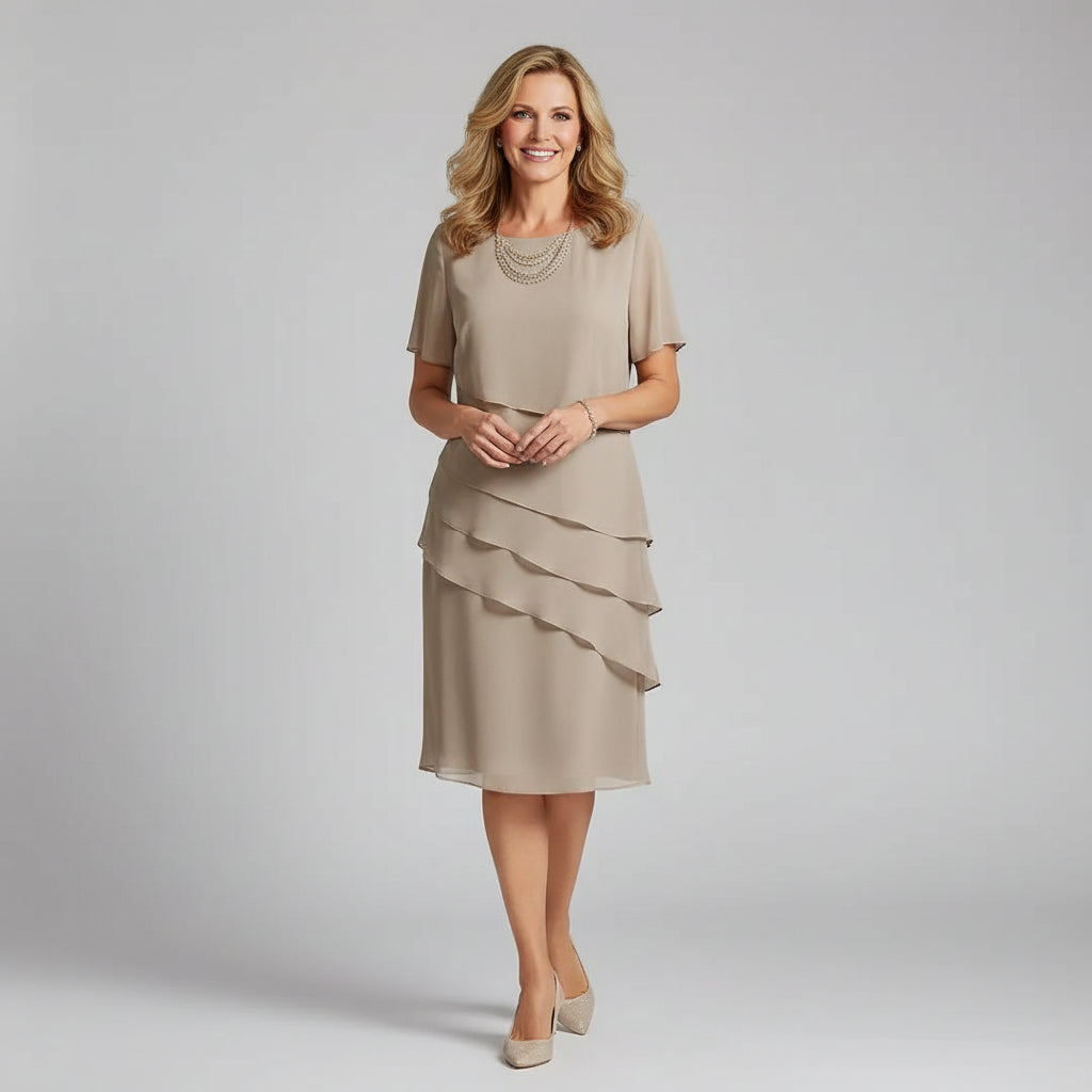 Elegant women's short sleeve tiered midi dress. Flowy, comfortable, perfect for summer parties and occasion wear.