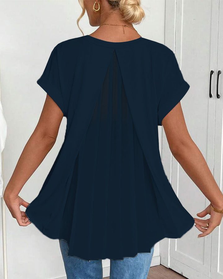 Chic women's short sleeve blouse with a flattering pleated back, a lightweight and elegant choice for summer fashion.