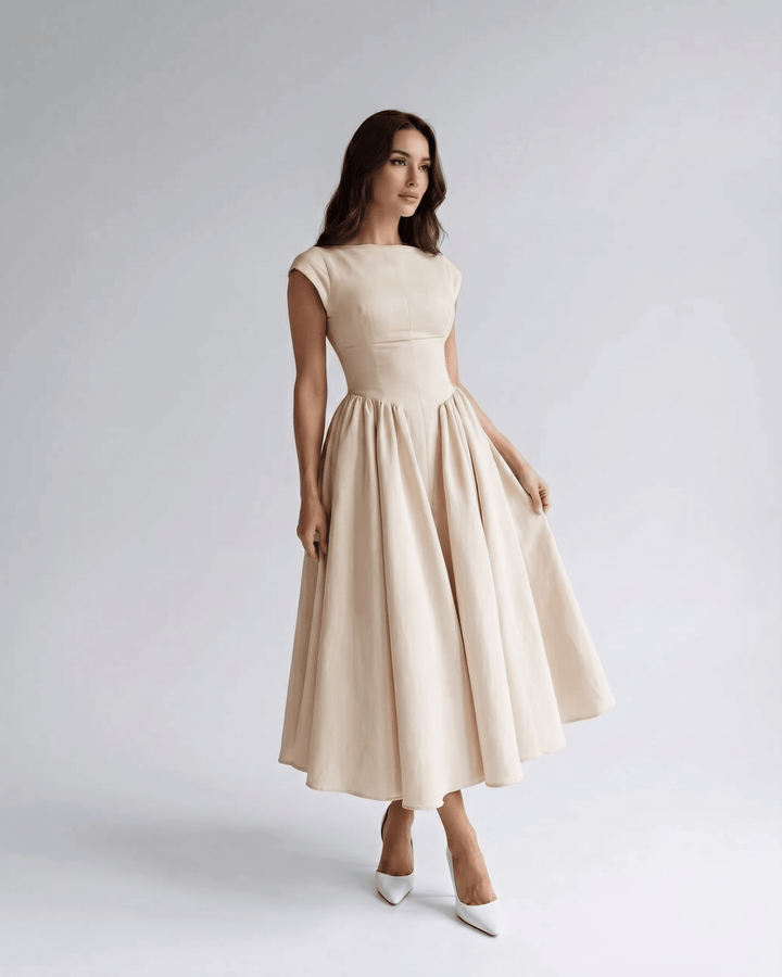 Elegant women's sleeveless A-line midi dress, flared skirt, gathered waist, round neck.