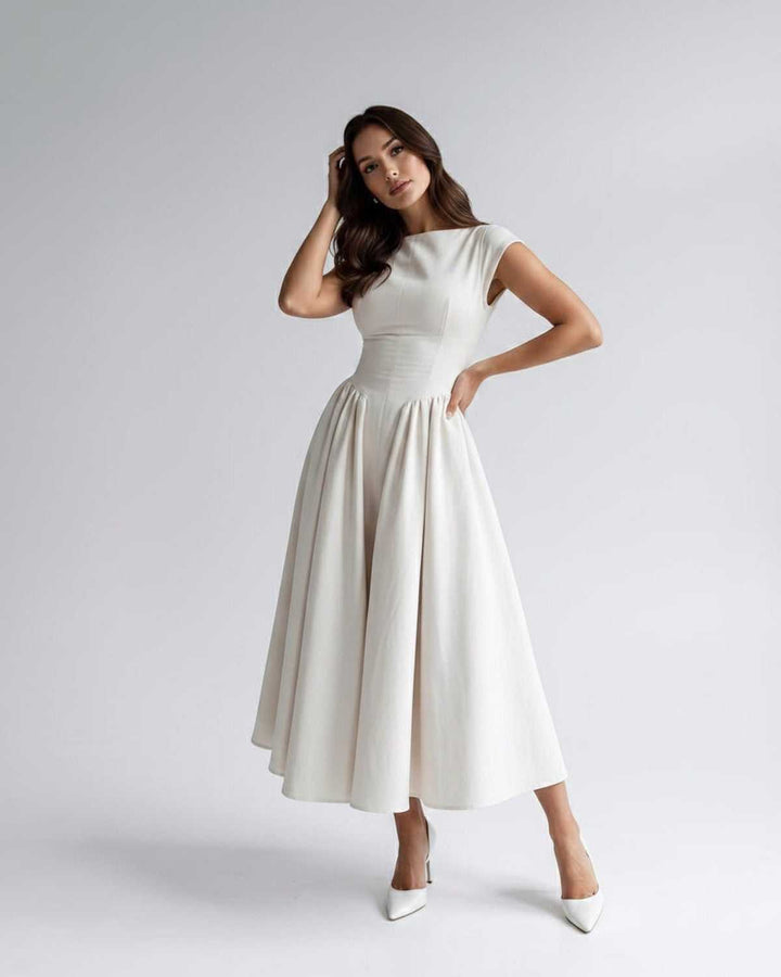 Comfortable women's sleeveless A-line midi dress, flared, gathered waist, formal & casual.