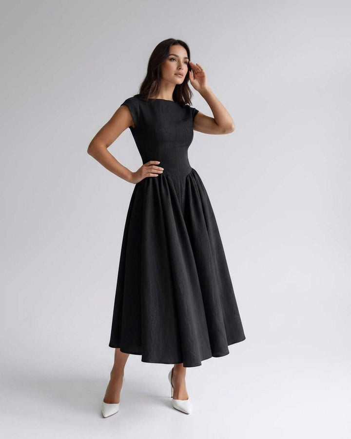 Women's summer fashion midi dress, A-line, sleeveless, flared, lightweight, gathered waist.